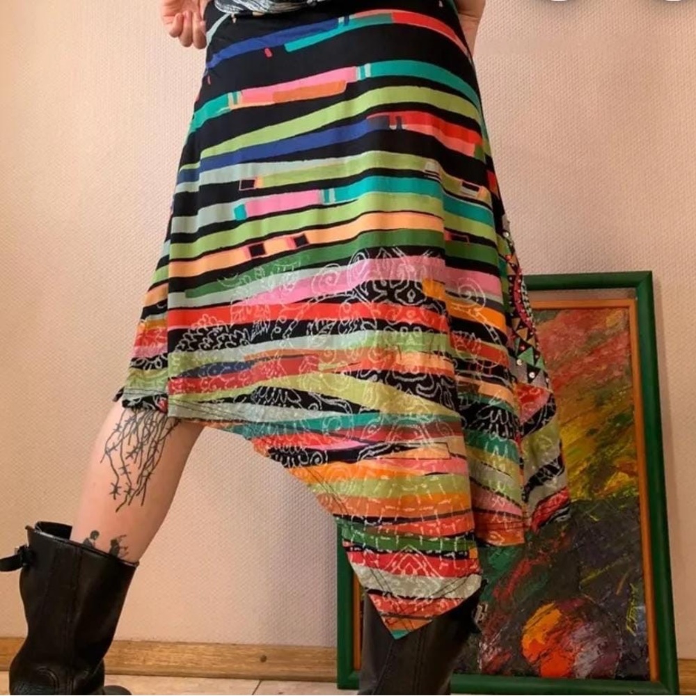 Desigual Black Multi-Stripe Asymmetrical Midi Skirt